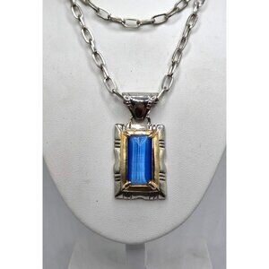Vintage Silver & Gold-Toned Rectangular Blue Stone Pendant Necklace With Double